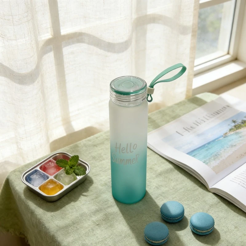 Gradient Frosted Slim Glass Water Bottle With Silicone Carry Strap