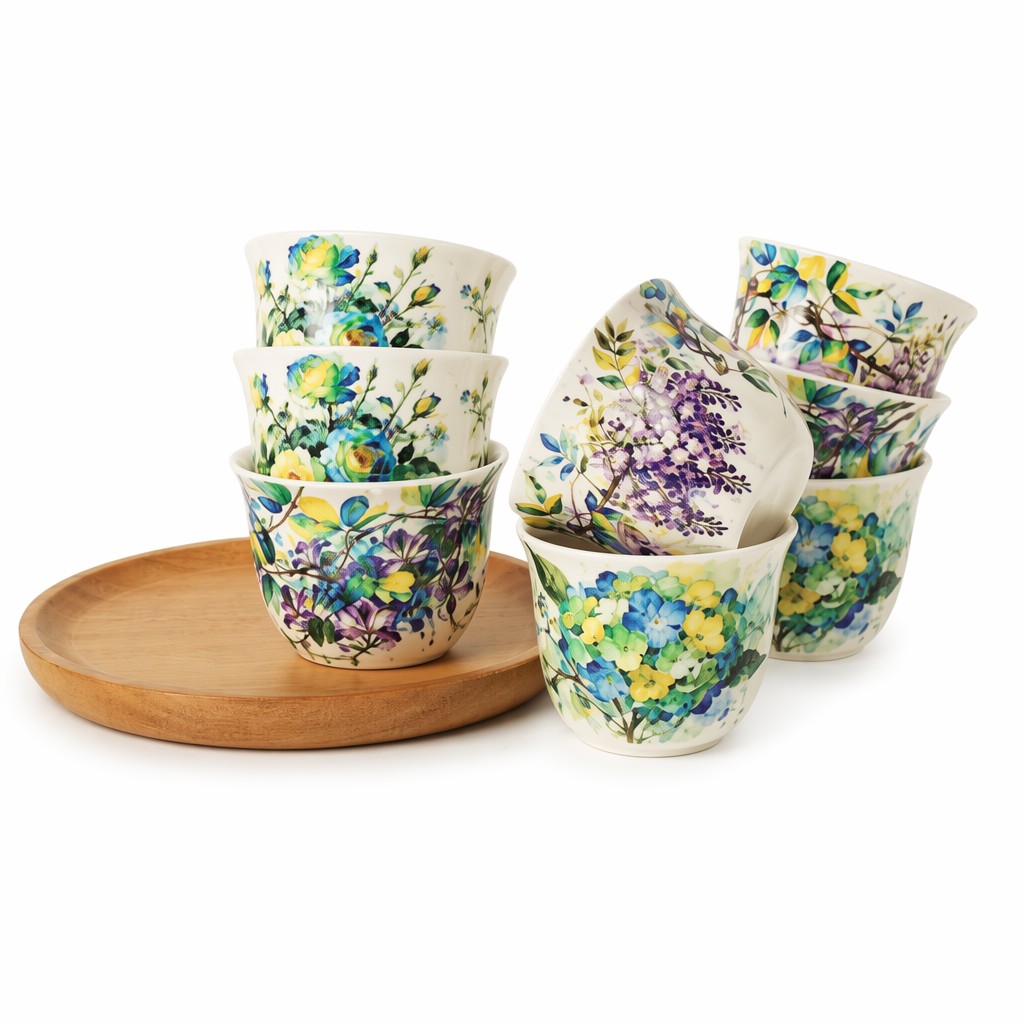 Akvarel Çiçəkli Seramik Çay Fincan 8Pcs Hədiyyə Dəsti Çay Süfrəsi üçün